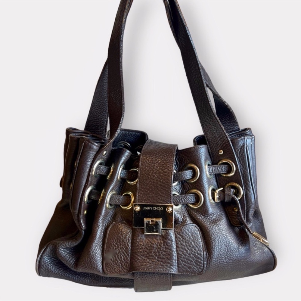 Jimmy Choo Dark Brown Pebbled Leather Ramona Shoulder Satchel Hobo Tote Bag - Picture 2 of 6